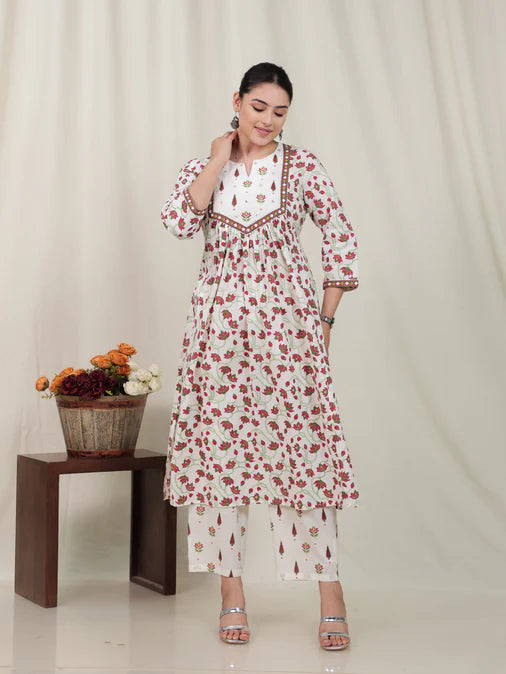 Soft Cotton Floral Flared Off White Kurta Set