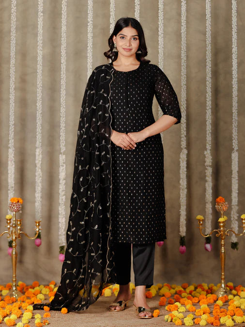 Chanderi Solid Straight Black Kurta Set