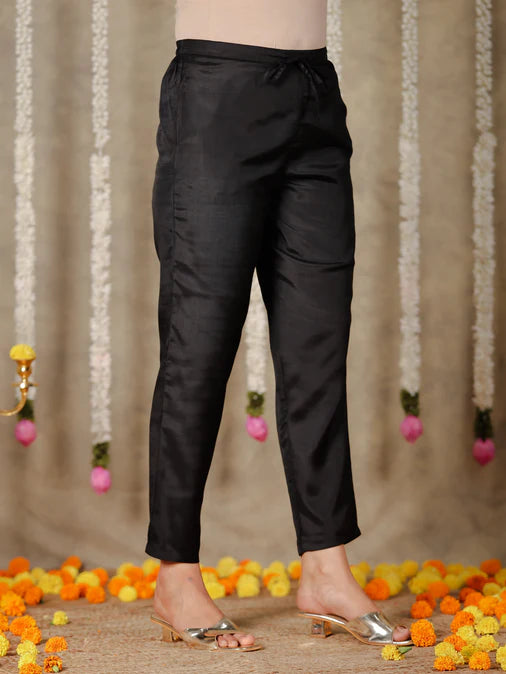 Chanderi Solid Straight Black Kurta Set