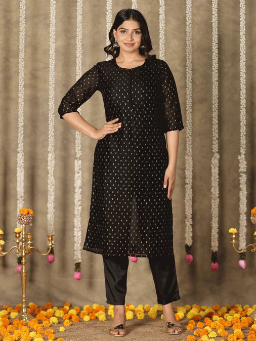 Chanderi Solid Straight Black Kurta Set
