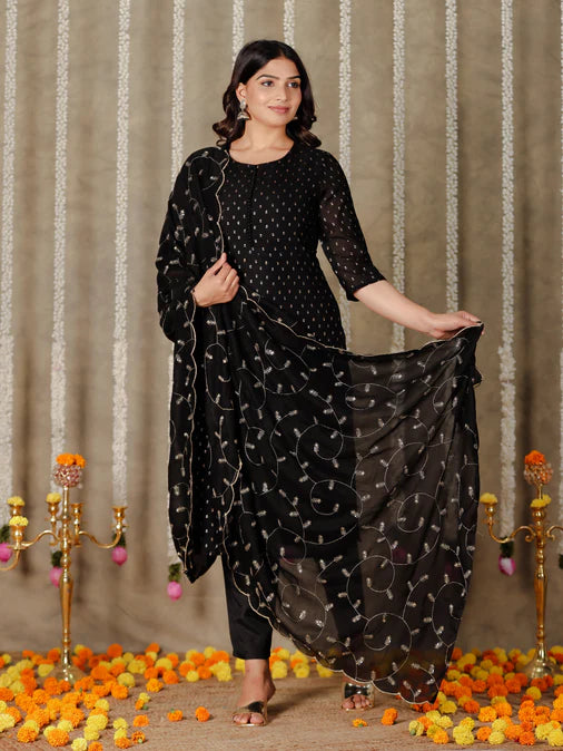 Chanderi Solid Straight Black Kurta Set