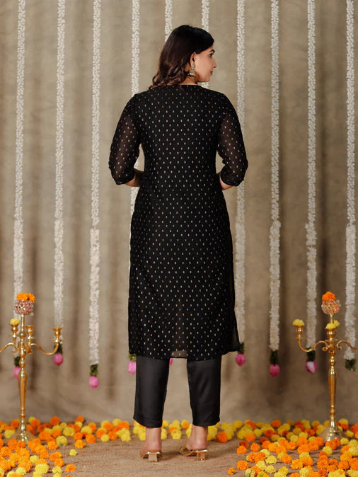 Chanderi Solid Straight Black Kurta Set