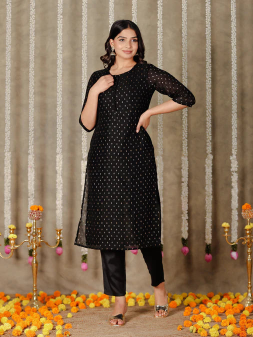 Chanderi Solid Straight Black Kurta Set