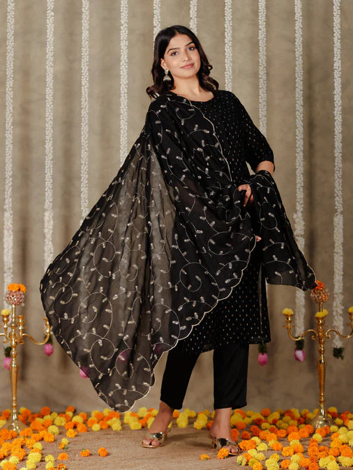 Chanderi Solid Straight Black Kurta Set