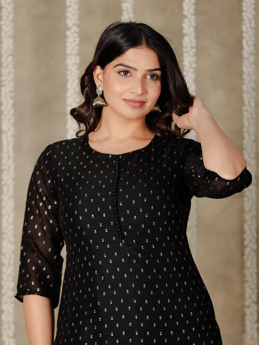 Chanderi Solid Straight Black Kurta Set