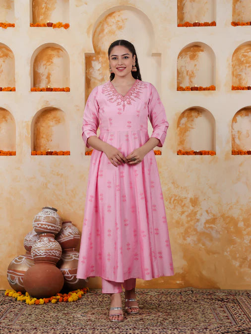 Embroidered Chanderi Ikat Angrakha Baby Pink Kurta, Tapered Trousers & Dupatta