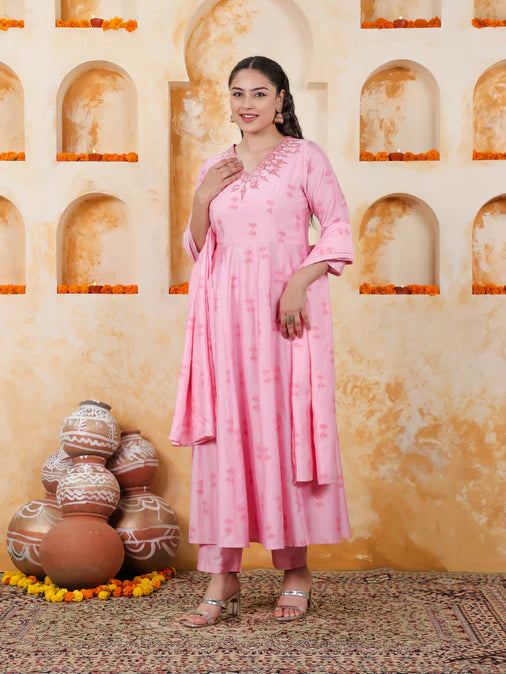 Embroidered Chanderi Ikat Angrakha Baby Pink Kurta, Tapered Trousers & Dupatta