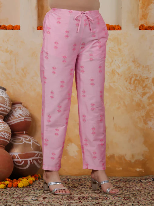 Embroidered Chanderi Ikat Angrakha Baby Pink Kurta, Tapered Trousers & Dupatta