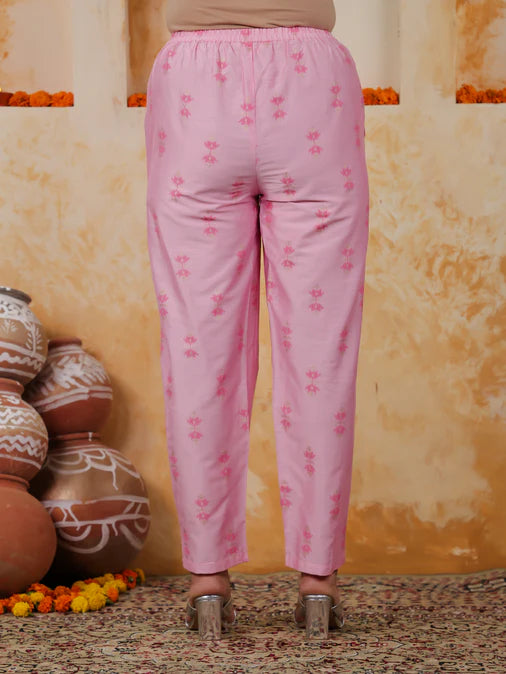 Embroidered Chanderi Ikat Angrakha Baby Pink Kurta, Tapered Trousers & Dupatta