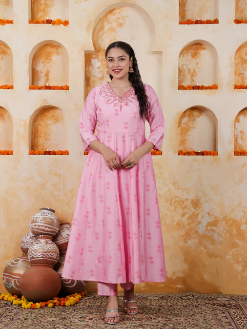 Embroidered Chanderi Ikat Angrakha Baby Pink Kurta, Tapered Trousers & Dupatta
