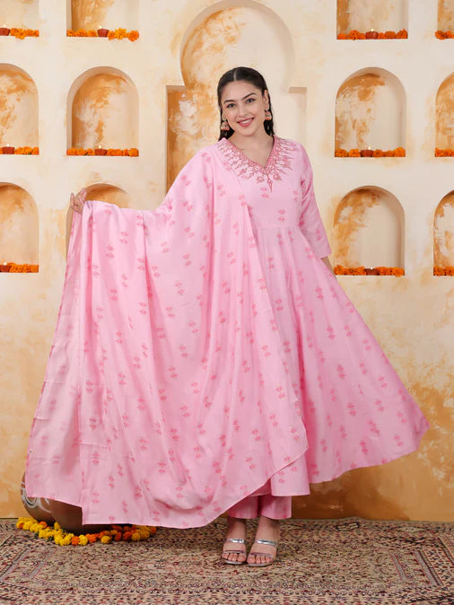 Embroidered Chanderi Ikat Angrakha Baby Pink Kurta, Tapered Trousers & Dupatta