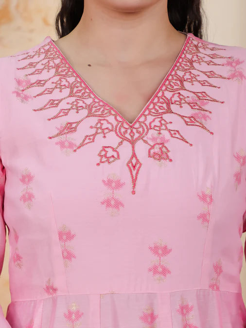 Embroidered Chanderi Ikat Angrakha Baby Pink Kurta, Tapered Trousers & Dupatta