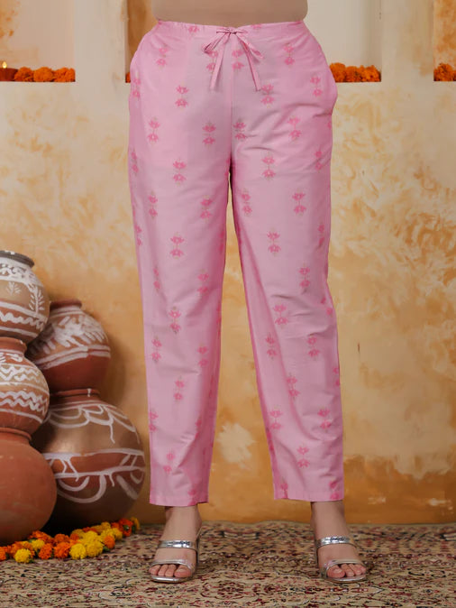 Embroidered Chanderi Ikat Angrakha Baby Pink Kurta, Tapered Trousers & Dupatta