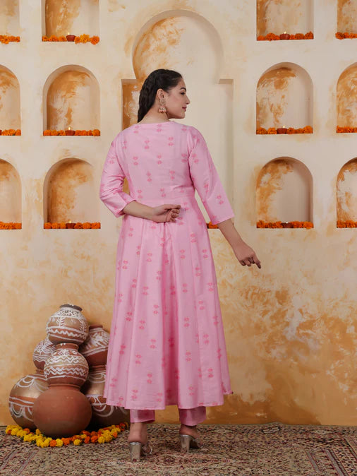 Embroidered Chanderi Ikat Angrakha Baby Pink Kurta, Tapered Trousers & Dupatta