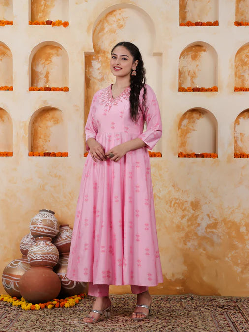 Embroidered Chanderi Ikat Angrakha Baby Pink Kurta, Tapered Trousers & Dupatta