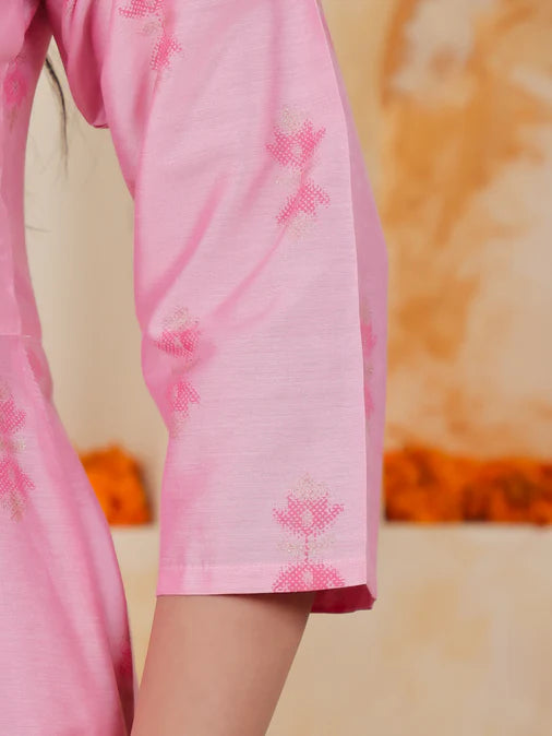Embroidered Chanderi Ikat Angrakha Baby Pink Kurta, Tapered Trousers & Dupatta