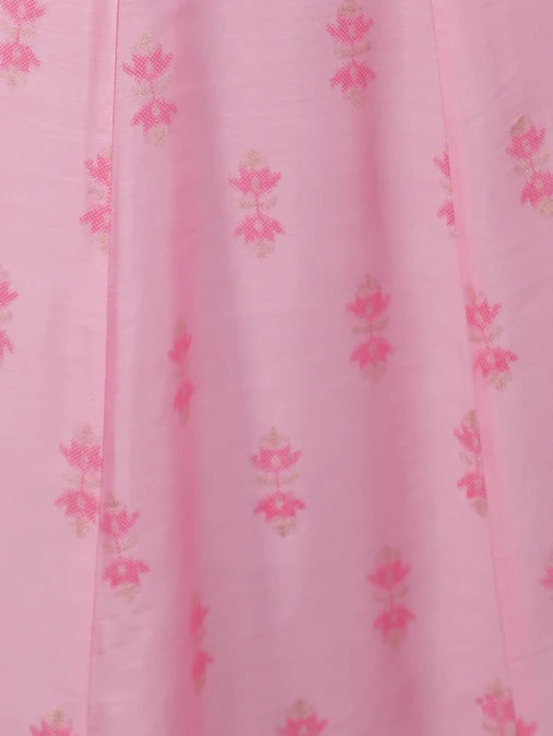 Embroidered Chanderi Ikat Angrakha Baby Pink Kurta, Tapered Trousers & Dupatta