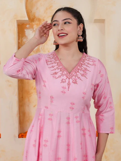 Embroidered Chanderi Ikat Angrakha Baby Pink Kurta, Tapered Trousers & Dupatta