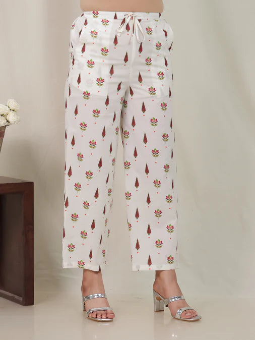 Soft Cotton Floral Flared Off White Kurta Set