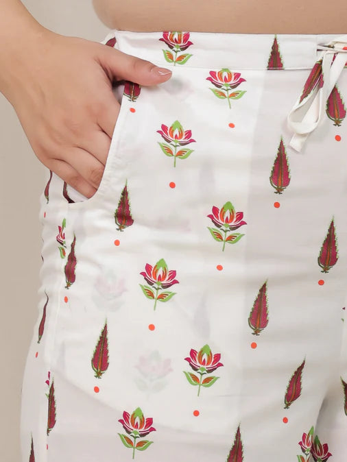Soft Cotton Floral Flared Off White Kurta Set