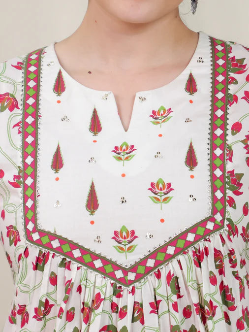Soft Cotton Floral Flared Off White Kurta Set