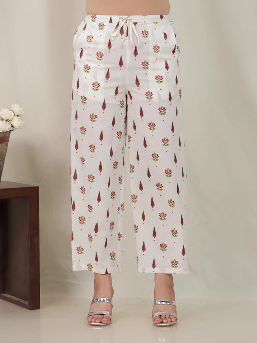 Soft Cotton Floral Flared Off White Kurta Set