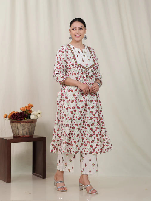 Soft Cotton Floral Flared Off White Kurta Set