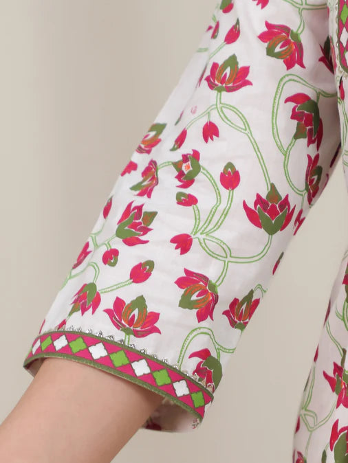 Soft Cotton Floral Flared Off White Kurta Set