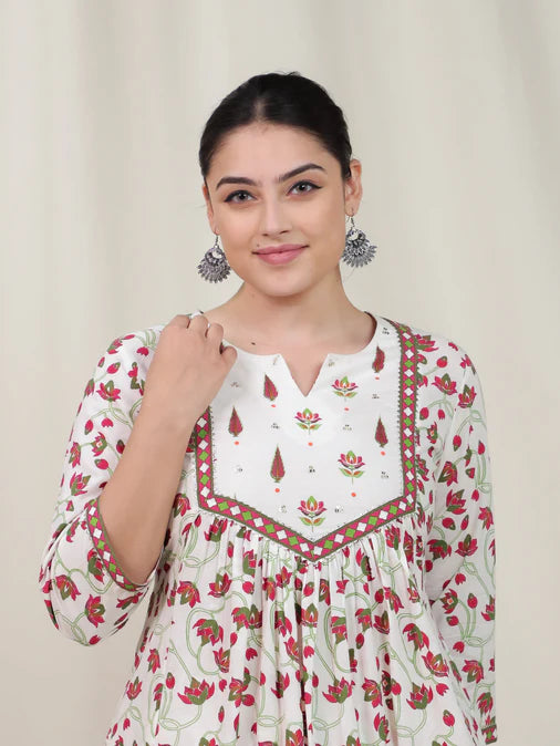 Soft Cotton Floral Flared Off White Kurta Set