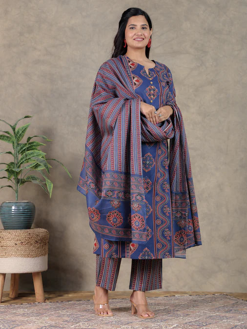 Soft Cotton Geometric A-line Blue Kurta Set