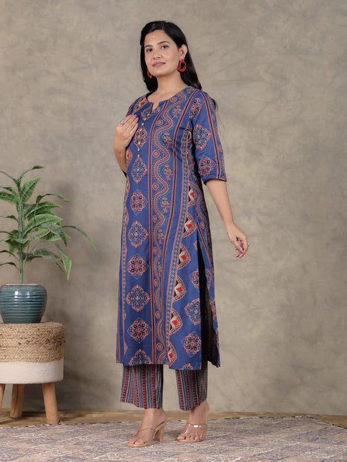 Soft Cotton Geometric A-line Blue Kurta Set