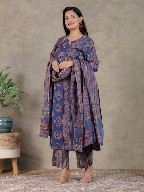 Soft Cotton Geometric A-line Blue Kurta Set
