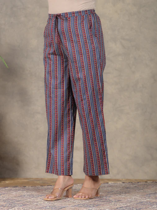 Soft Cotton Geometric A-line Blue Kurta Set