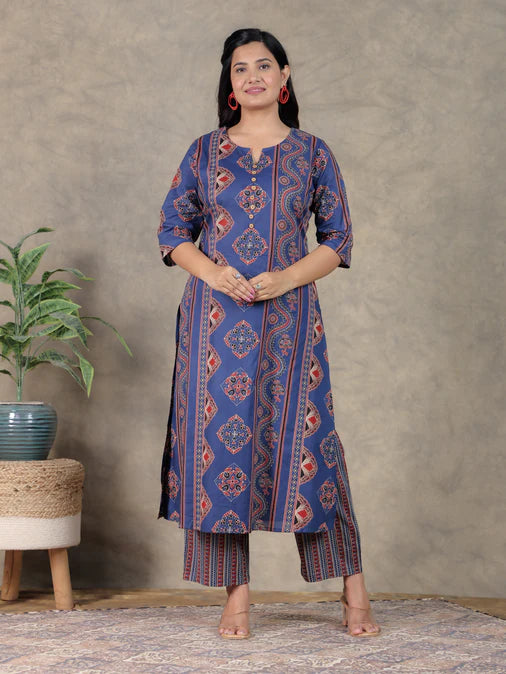 Soft Cotton Geometric A-line Blue Kurta Set