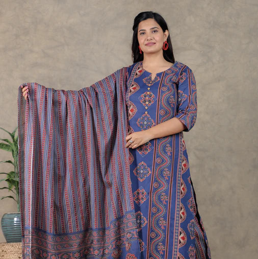 Soft Cotton Geometric A-line Blue Kurta Set