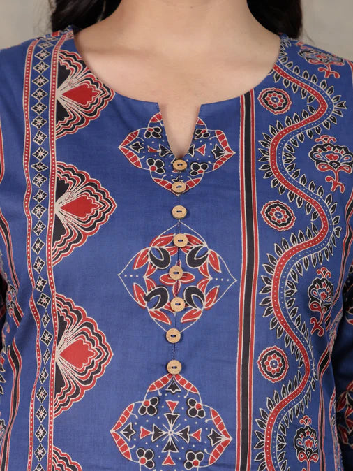 Soft Cotton Geometric A-line Blue Kurta Set