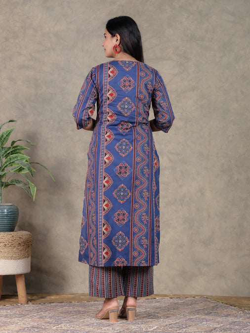 Soft Cotton Geometric A-line Blue Kurta Set