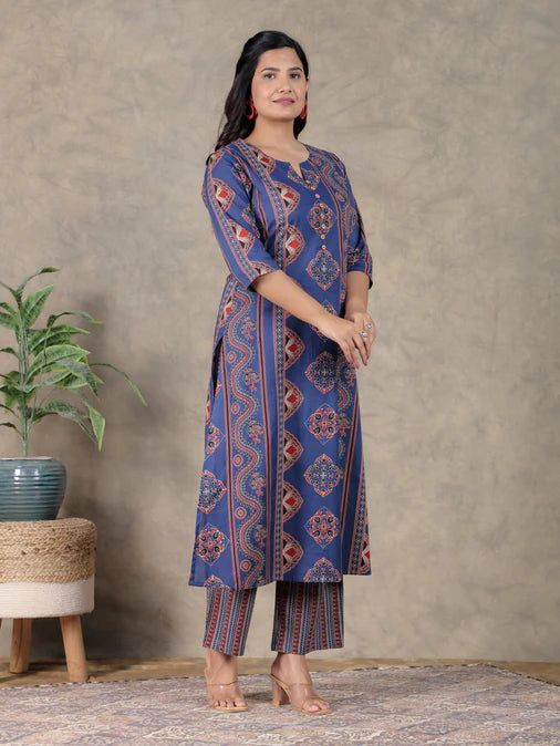Soft Cotton Geometric A-line Blue Kurta Set