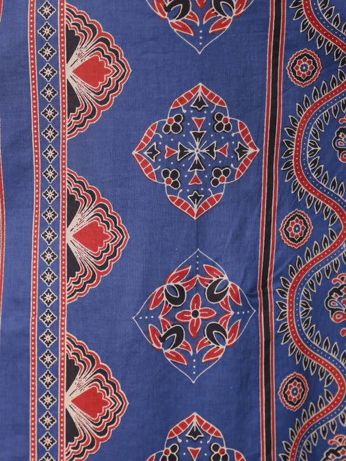 Soft Cotton Geometric A-line Blue Kurta Set