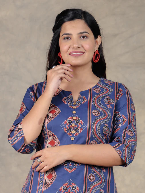 Soft Cotton Geometric A-line Blue Kurta Set