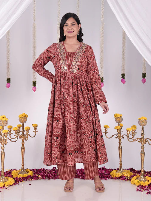 Embroidered Soft Cotton Animal Anarkali Red Kurta Set