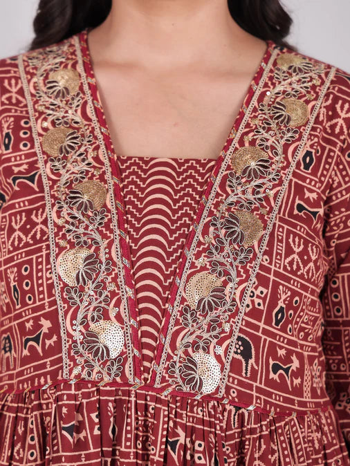 Embroidered Soft Cotton Animal Anarkali Red Kurta Set