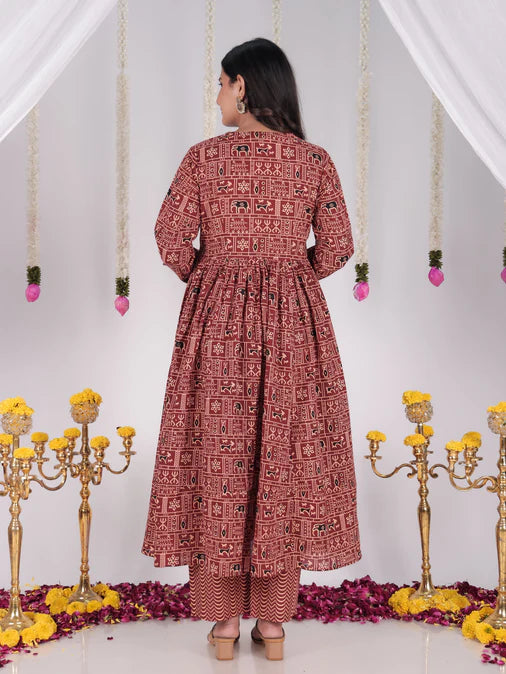 Embroidered Soft Cotton Animal Anarkali Red Kurta Set
