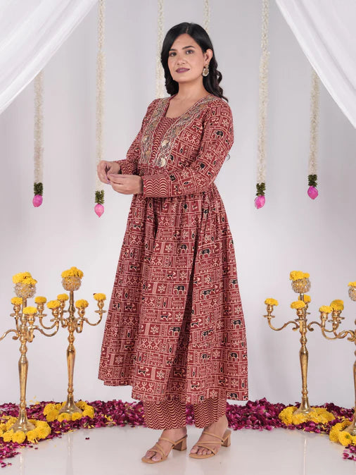 Embroidered Soft Cotton Animal Anarkali Red Kurta Set