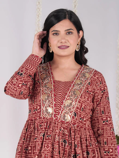 Embroidered Soft Cotton Animal Anarkali Red Kurta Set